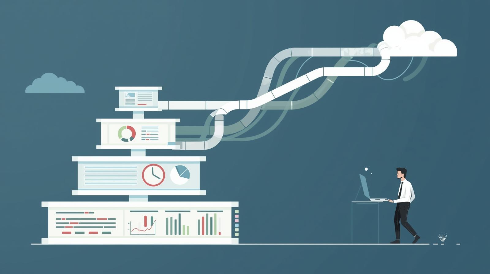 Man with laptop connected to data processing system leading to cloud.